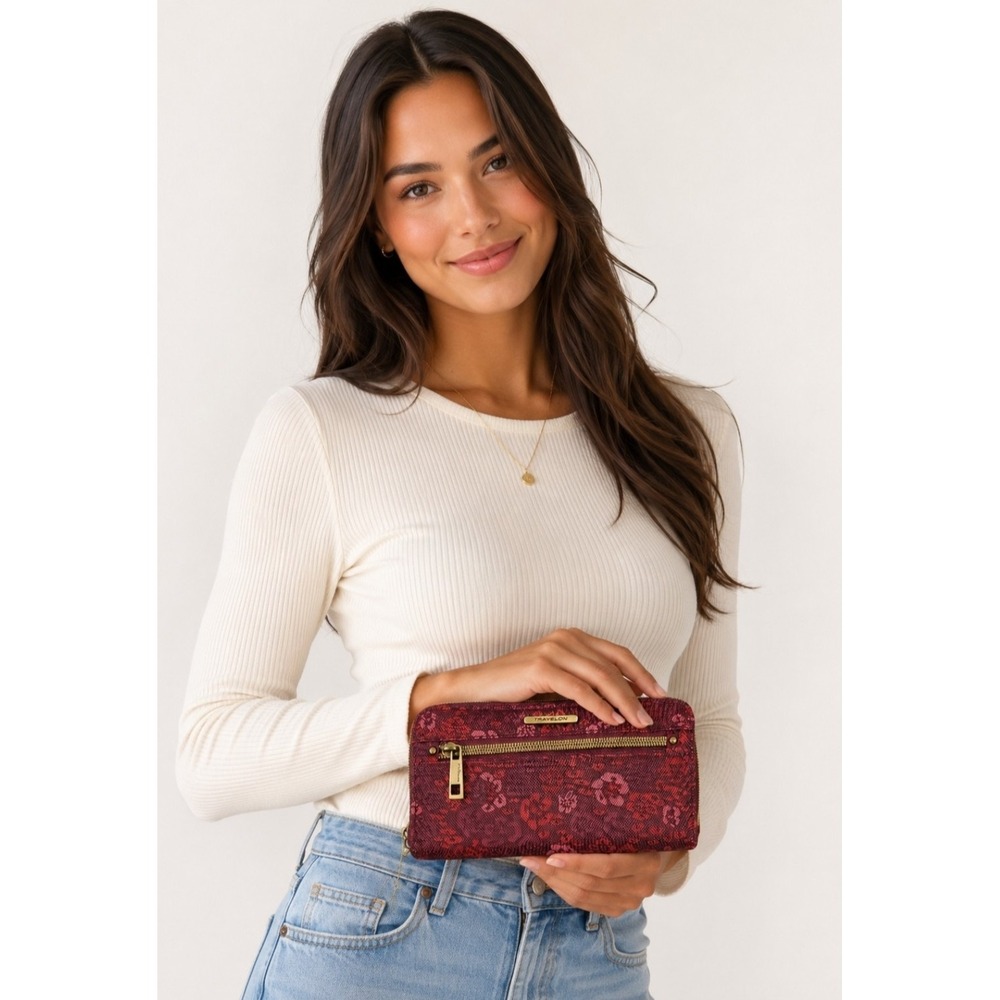 Travelon RFID Blocking Wristlet Clutch Wallet Burgundy Floral Leopard Print NWT